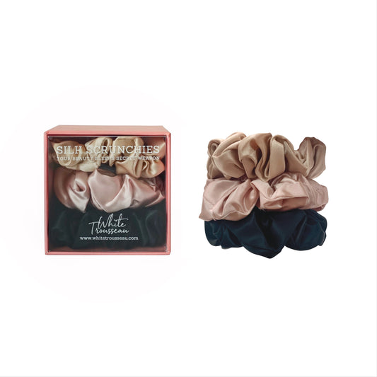 White Trousseau’s Pure Mulberry Silk Hair Scrunchies, packaged in a lovely pink box. Wanting to stop hair loss or breakage? Our silk hair scrunchies are designed to prevent hair creasing and tangling, as well as reduce frizz and breakages. Get smoother and healthier hair in no time!