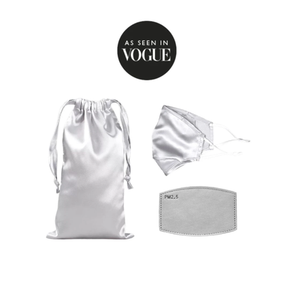 White Trousseau's Pure Mulberry Silk Face Mask with Filter and Matching Pouch in Silver