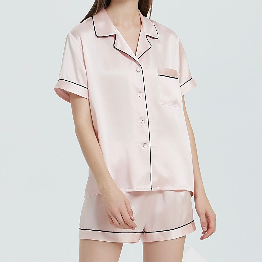 Dawn Pure Silk Short Pyjamas Set in Pink with Black Piping. Made with 100% mulberry silk.  The perfect and comfortable pyjamas for everyday loungewear. 