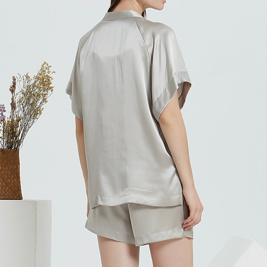 White Trousseau’s Pure Mulberry Silk Short Pyjamas Set in Silver. Our silk sleepwear sets are specially made for Singapore weather - cooling and breathable to wear!