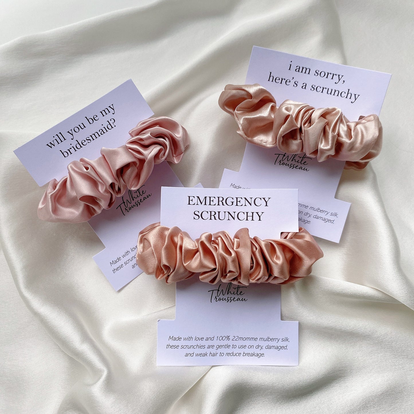Perfect for birthdays, weddings, or even casual gifting, our silk scrunchies are some of the best affordable gift options in Singapore. Make it special with one of our custom messages to show your love to a friend, family or bridesmaid!