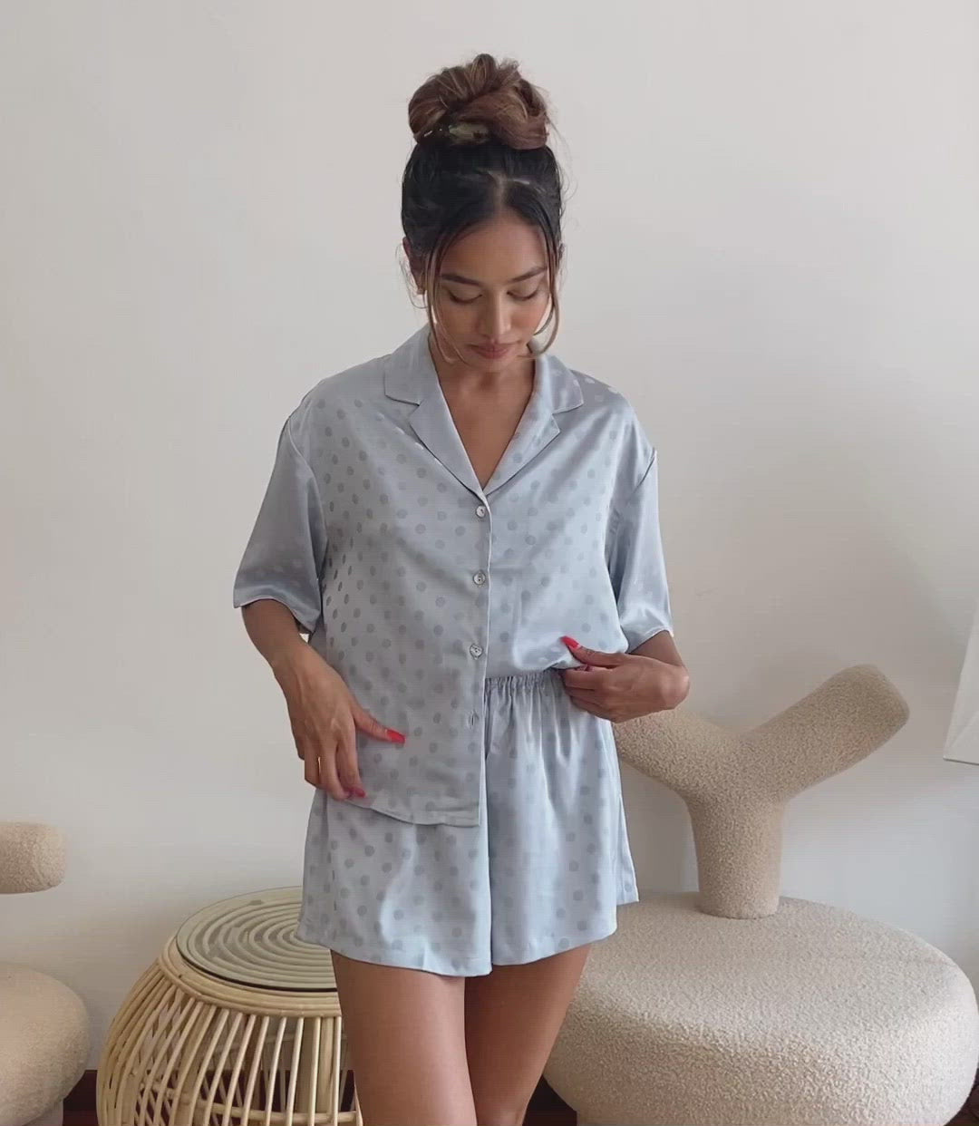 Video of the Julia Silk Pyjama Set in Ocean. Front and back detailing polkadot pyjamas. Made from 100% soft and smooth viscose. Shop yours now at White Trousseau Singapore.