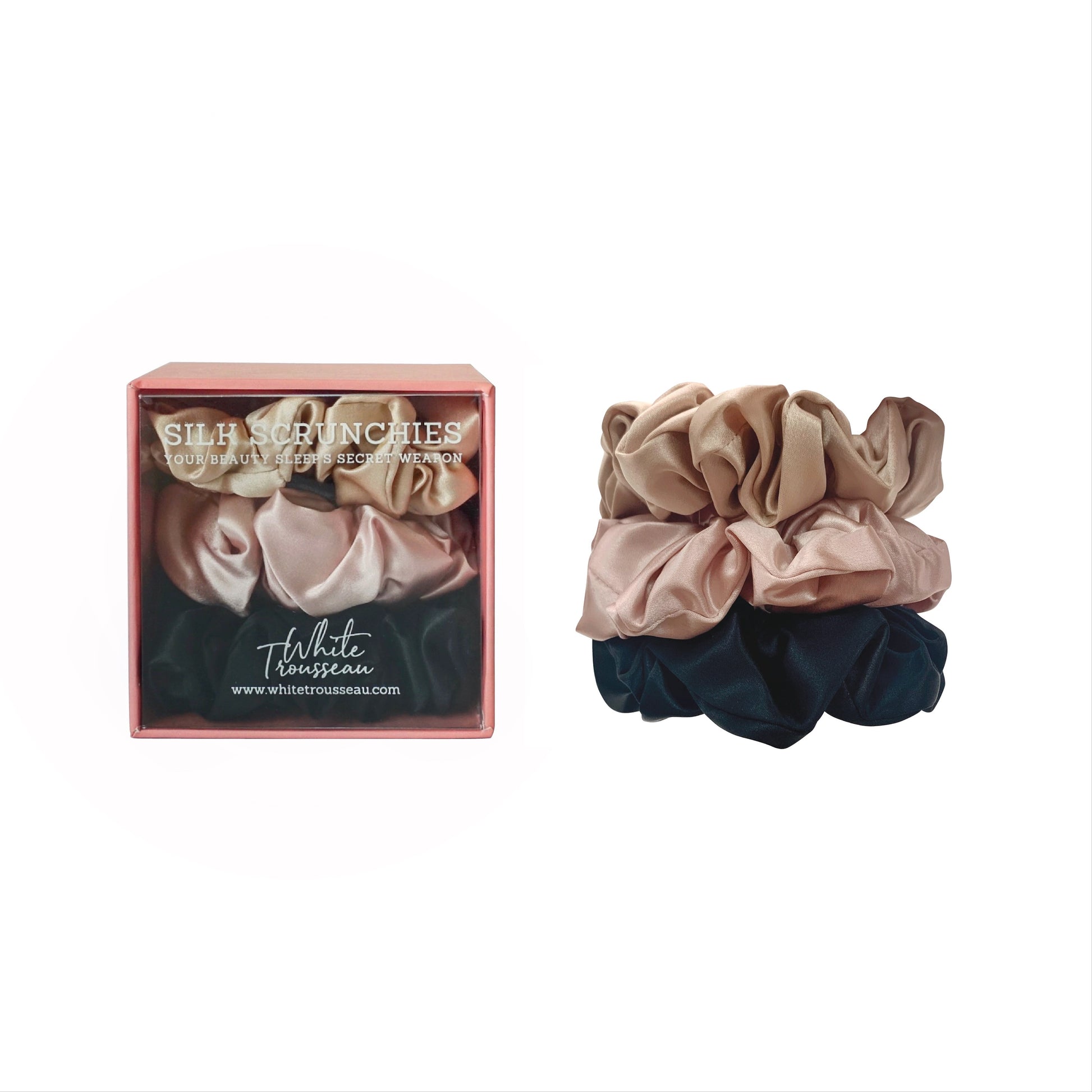 White Trousseau’s Pure Mulberry Silk Hair Scrunchies, packaged in a lovely pink box. Wanting to stop hair loss or breakage? Our silk hair scrunchies are designed to prevent hair creasing and tangling, as well as reduce frizz and breakages. Get smoother and healthier hair in no time!