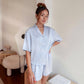  Julia Silk Pyjama Set in Ocean with Polkadot details. Crafted with 100% soft and smooth viscose. Shop now a pair of this pyjama set while looking cute and stylish on a casual day. An essential sleepwear for everyday comfort in your own home.