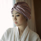 Model wearing White Trousseau 100% Pure Mulberry Silk hair Turban in Champagne 