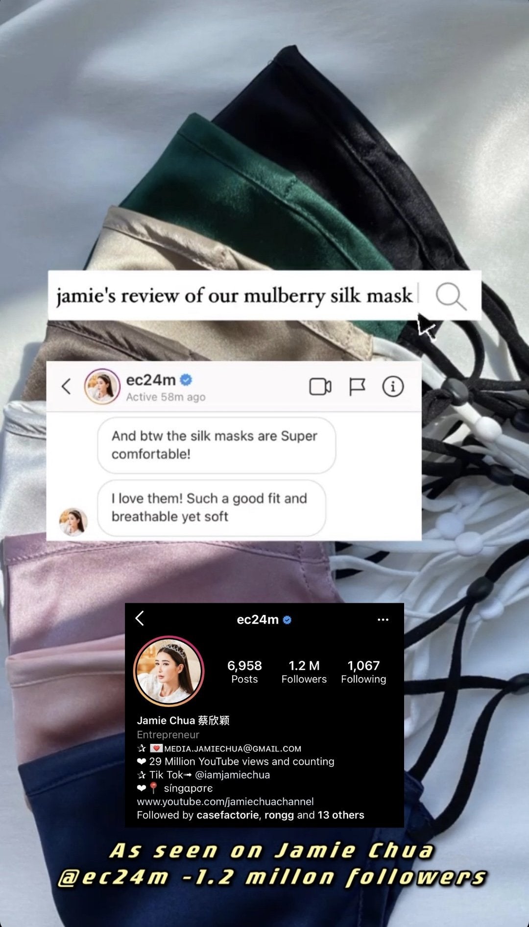 As seen on Jamie Chua, popular Singaporean influencer. Our silk masks are highly recommended and endorsed by numerous celebrities and influencers in Singapore!