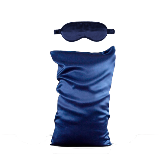 White Trousseau's 100% pure mulberry silk pillowcase and eye mask in Navy Blue