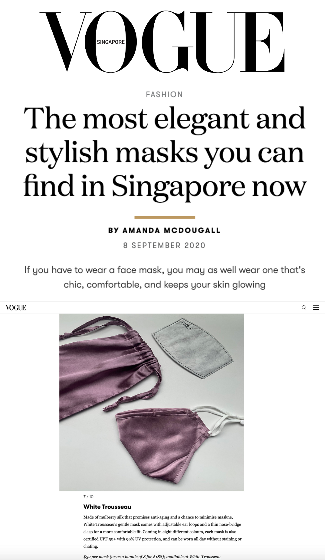 As featured on Vogue Singapore, our mulberry silk face masks with filter are some of the best in the market. High quality, fashionable, and affordable!